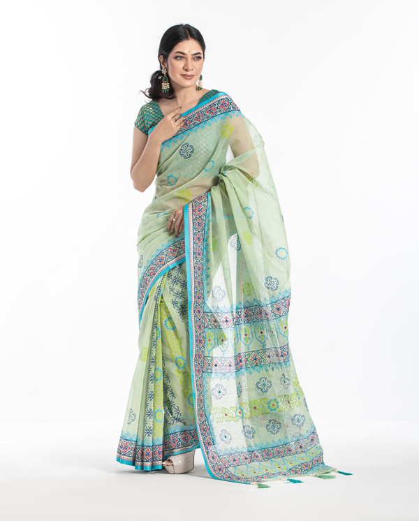 Charming Light Blue Tangail Tant Saree. S-9004 - Image 2