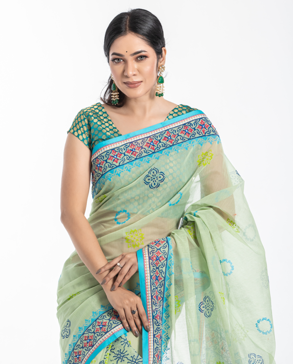 Charming Light Blue Tangail Tant Saree. S-9004 - Image 3