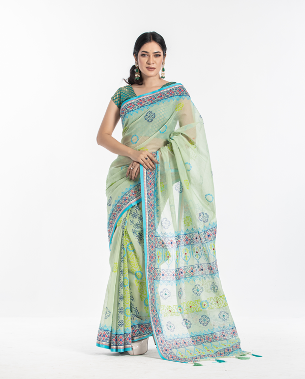 Charming Light Blue Tangail Tant Saree. S-9004